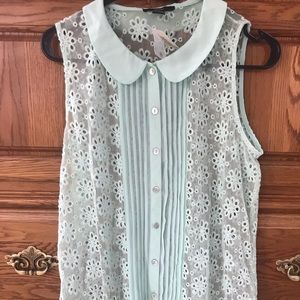 Teal Sheer Button Up Sleeveless Blouse